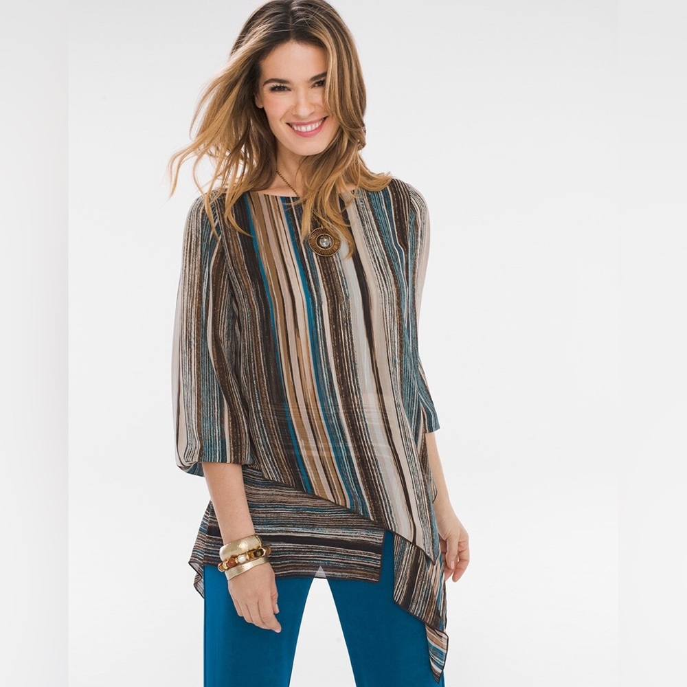 Chicos travelers collection striped woven top large asymmetrical wrinkle free